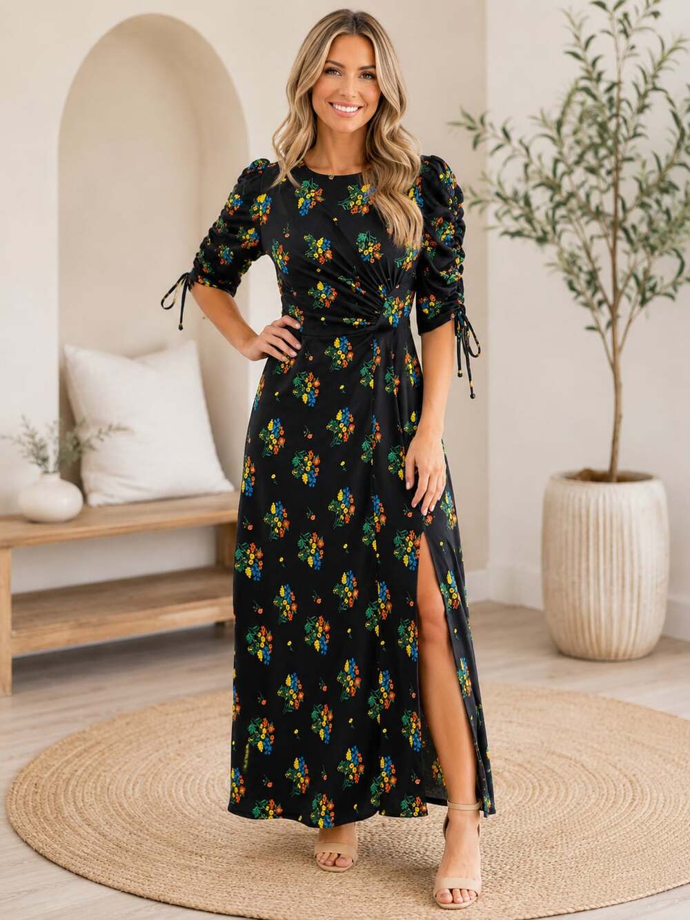 ASOS Black Floral Print Maxi Dress Ruched Tie Sleeves Front Slit Size US 4